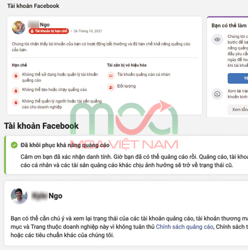 Khôi phục tài khoản bị hạn chế quảng cáo tại MOA Việt Nam