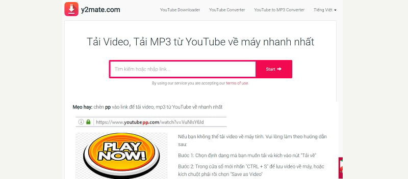 dán URL video YouTube vào khung rồi nhấn nút Start